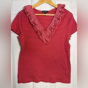 Ralph Lauren Black Label Red and White Ruffled Short Sleeve Tee
